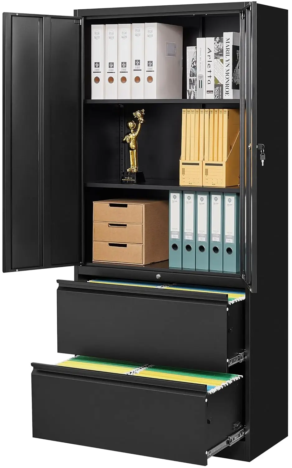 Black Metal Storage Cabinet with Drawers and Lock,Locking Steel Storage Cabinet with Doors and Shelves,71