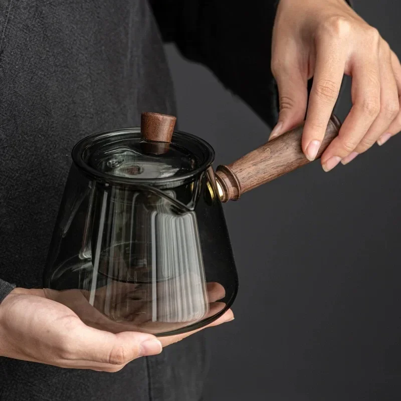 Side Handle Teapot Glass Wooden Single Pot Filtering Tea Puer Brewing Kettle Fire Resistant Kung Fu Tea Set Home Tea Maker