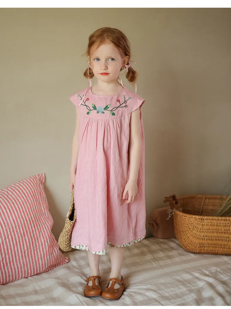 Girls Summer Dress New Floral Embroidery Patchwork Lace Dress Kids Pastoral Temperament Fashion Children Clothing