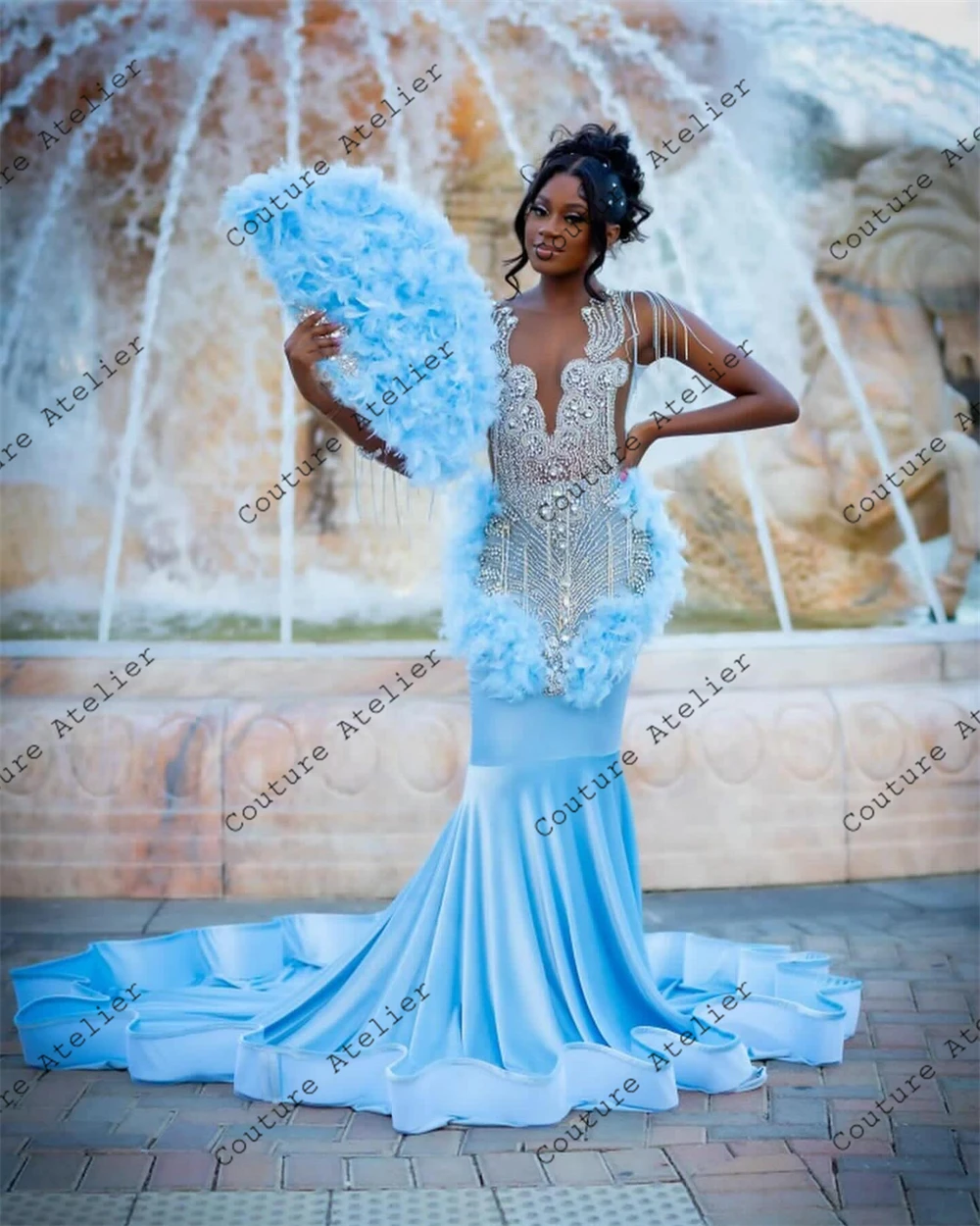 Ice Princess Blue Velvet Feathers Rhinestone Prom Dress Blackgirls Mermaid Ladies Dresses For Special Occasions Party Gowns