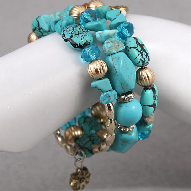Fashion Bohemia Style Ethnic Turquoise Color Multilayer Bangles For Women BIjoux Vintage Handmade Beaded Bracelet Jewelry Gift