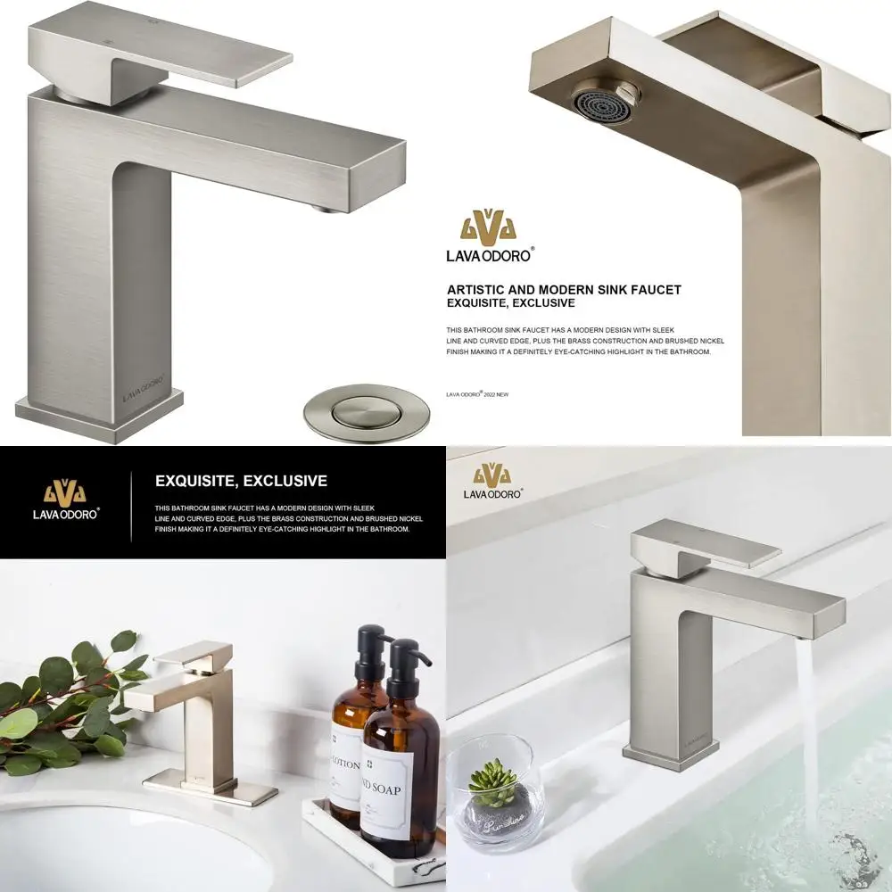 ブラッシュニッケル シングルハンドル洗面台蛇口 ポップアップ排水口付き、デッキプレート付属、BF307-BN