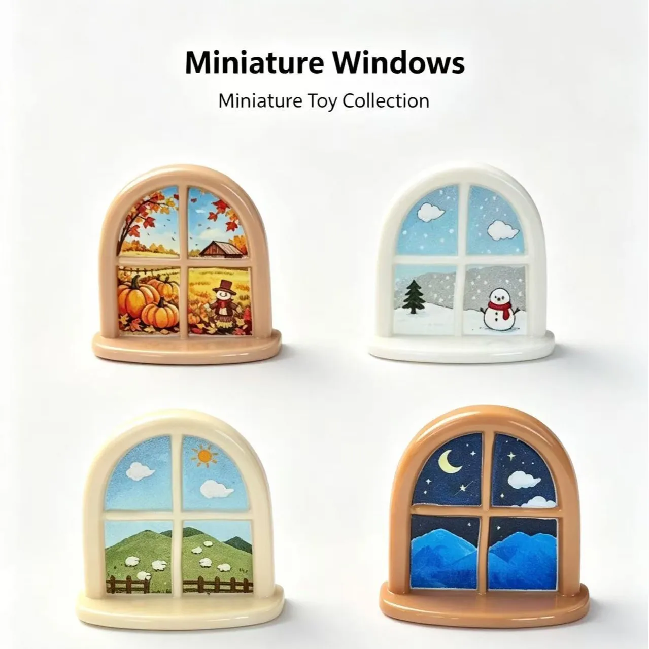 Miniature Four Season Window with Cactus, Resin Cartoon Arch Window Ornament, DIY Micro Landscape Decor, Dollhouse Scene