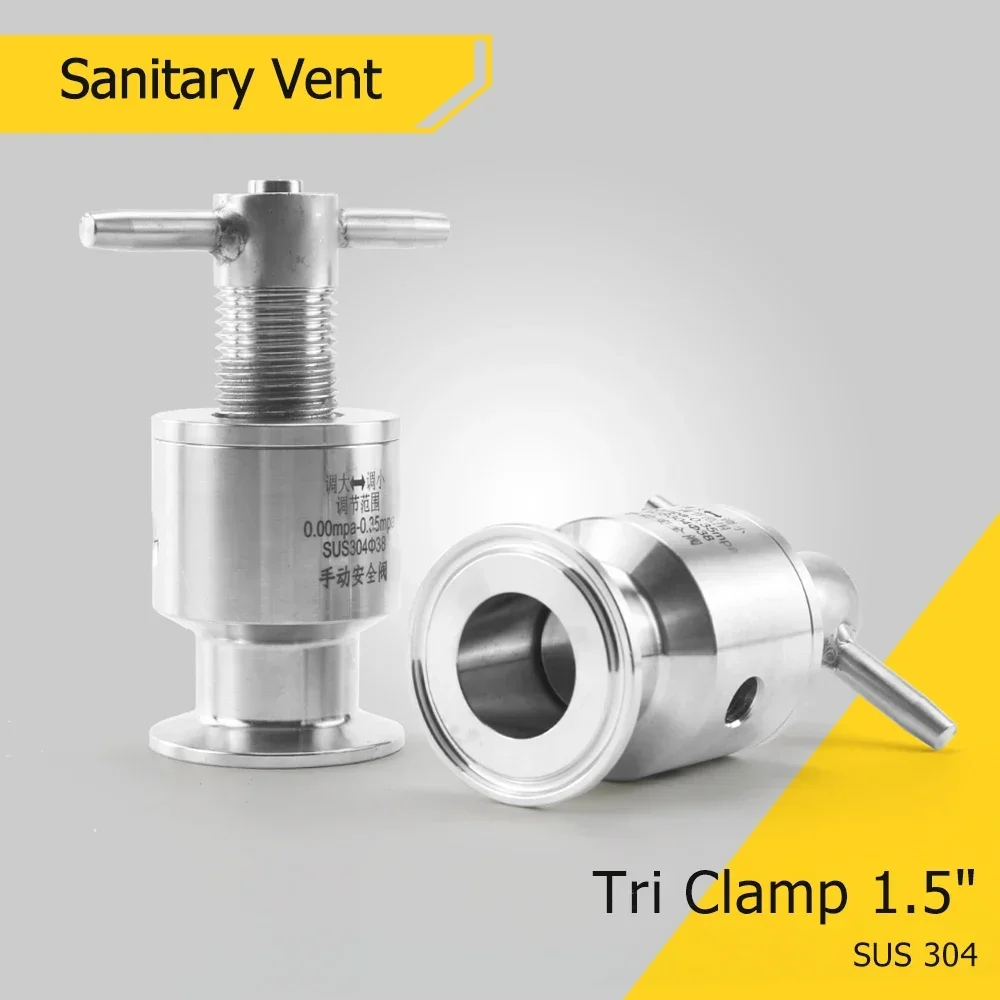 

SUS 304 Tri Clamp Sanitary Adjustable Pressure Relief Safety Valve 1.5" Ferrule OD 50.5mm 0-3.5 Bar Exhaust Vent Valve