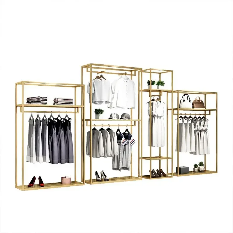 Prateleira comercial de luxo para roupas, prateleira para roupas, metal brilhante, boutique, rack para lojas