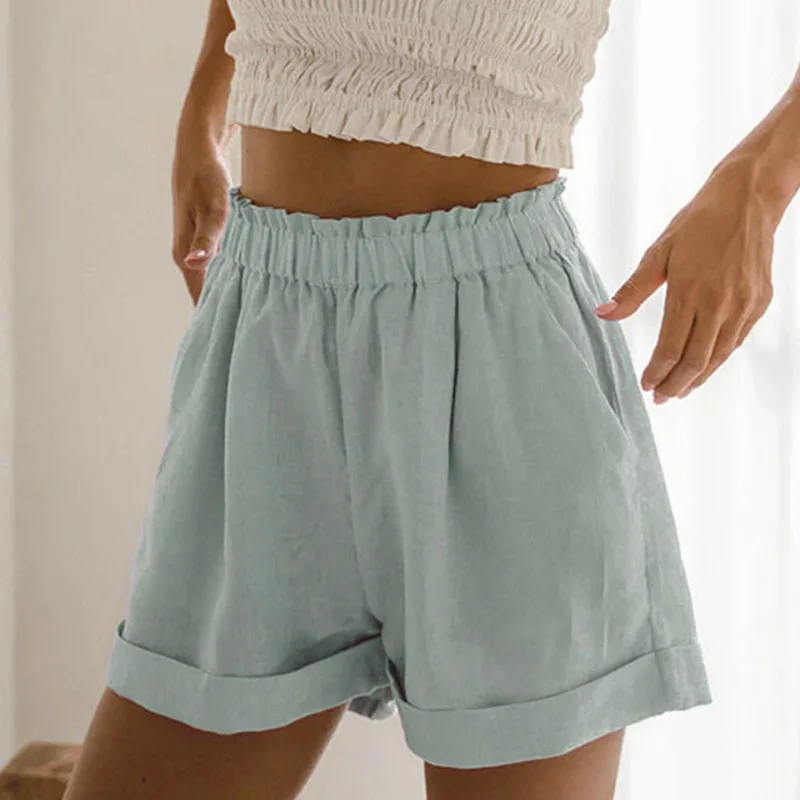 Pure Linen Pants Women's Elastic High Waist Shorts Comfortable Casual Summer Breathable Casual Black White Color Basic Bottoms