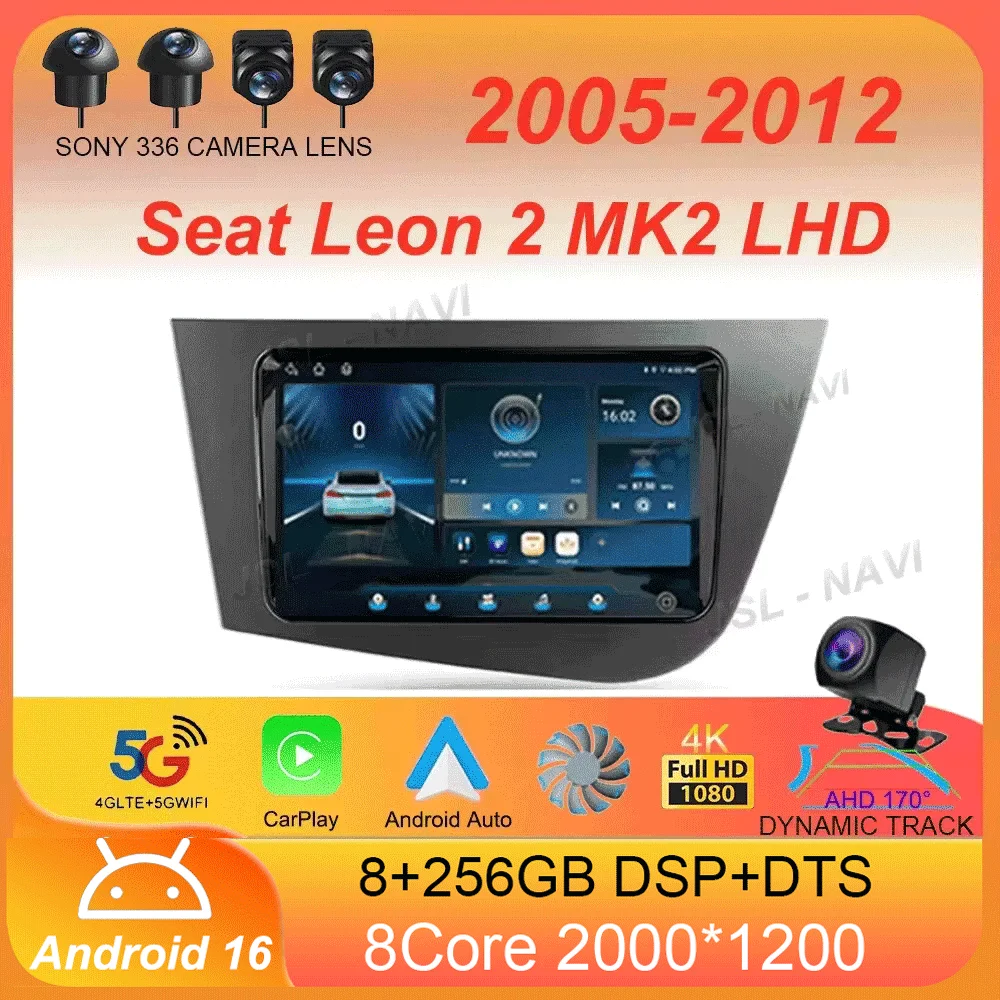 Radio para Auto Android 16 con Navegación, Reproductor Multimedia, CarPlay, Estéreo para Auto, WiFi+4G, Video, Voz AI para Seat Leon 2 MK2 LHD 2005 - 2012