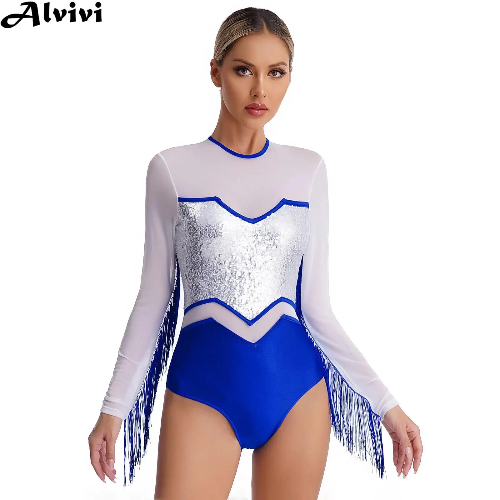 

Women Latin Dance Performance Costume Ballroom Dancing Cha-Cha Tango Rumba Samba Leotard Long Sleeve Sequin Mesh Tassel Bodysuit