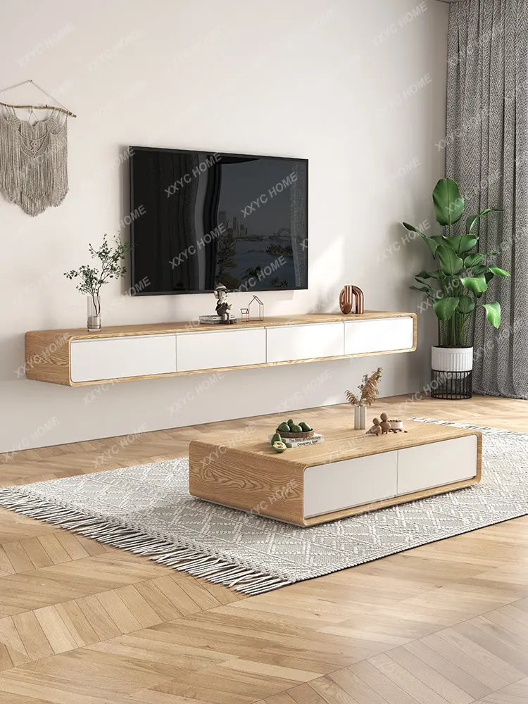 Hanging TV Cabinet Modern Minimalist Wall-Mounted Coffee Table Combination Living Room White Minimalist Hanging Hanging Cabinet