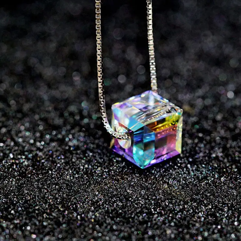 Colorful Aurora Square Crystal Pendant Necklace For Women Fashion Jewelry