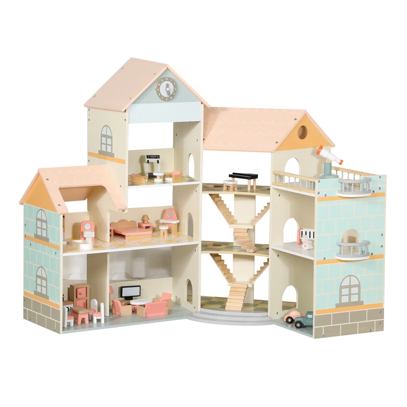 

pink Color Wooden Toy DIY Dollhouse with Colorful Dolls & Furnitures Children Pretend Play Large Doll House