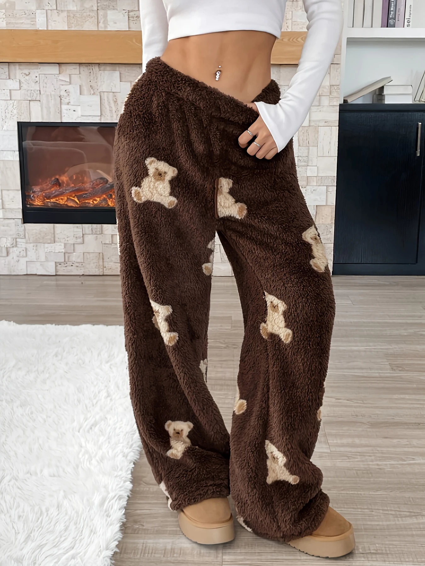 

New Cartoon Bear Print Plush Pants Warm Soft Comfy Elastic Waist for Casual Home Wear Perfect for Autumn Winter