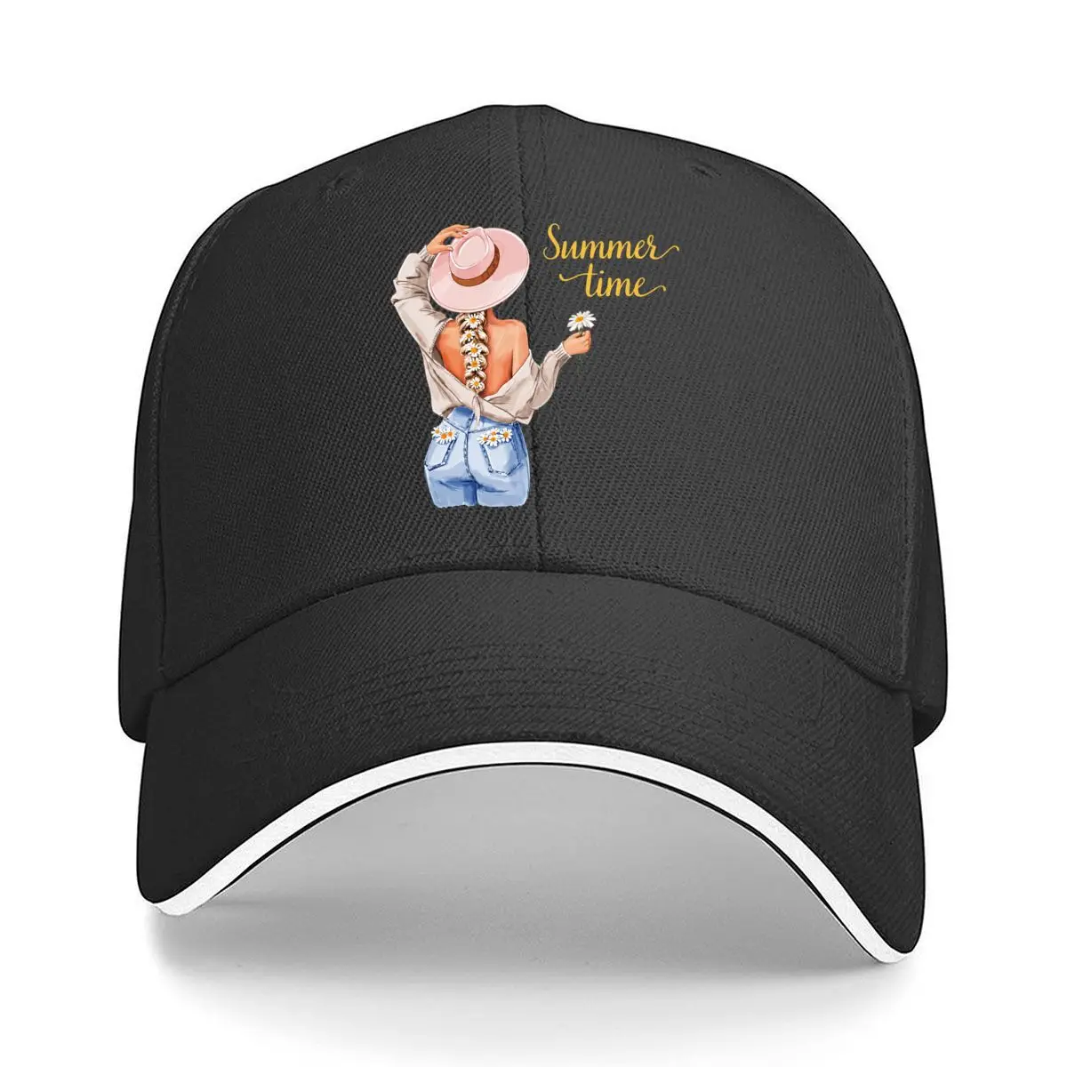 Summer Time Woman Daisies Floral Illustration Hip Hop hat Fashion Outdoor Sports Sandwich Baseball Cap