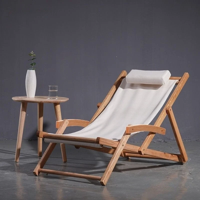 leisure lunch break outdoor canvas beach chair, outdoor courtyard camping solid wood folding chair couch chair