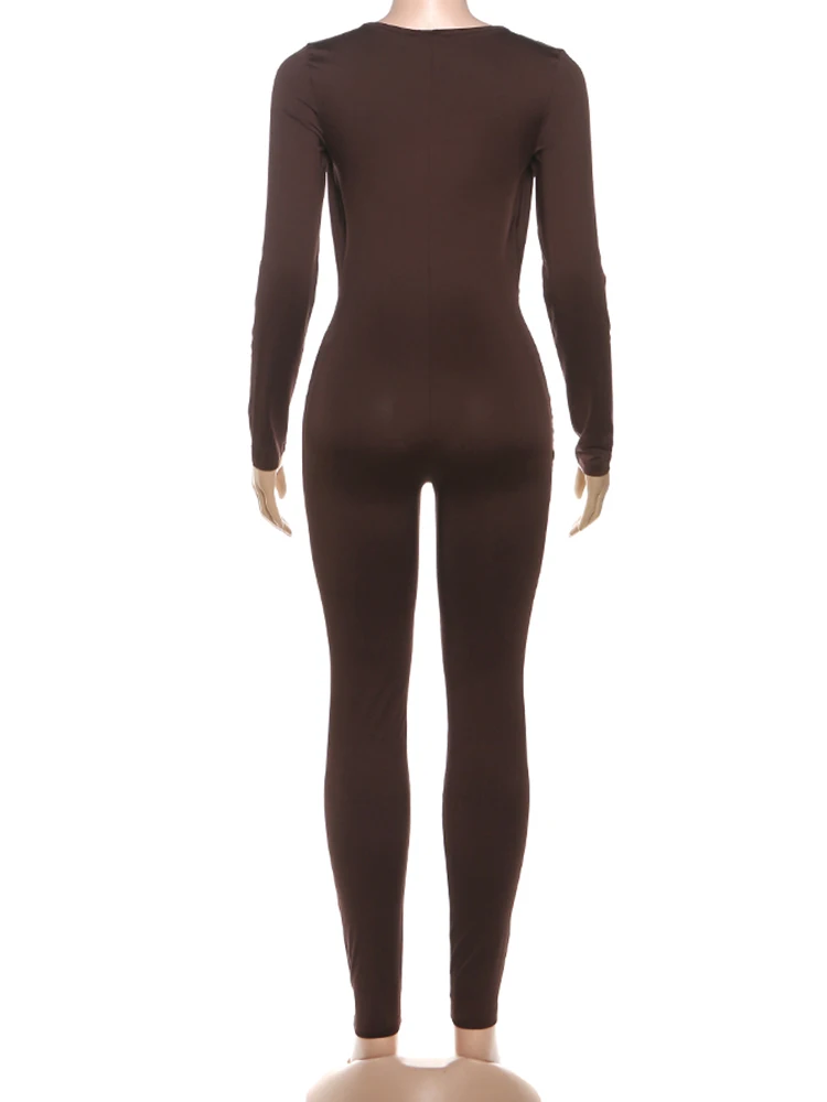 Midnight Jumpsuits Women Metal Decoration  Sexy Fashion Hollow Swing Collar Full Sleeve Skinny Peach Hip Party Overalls