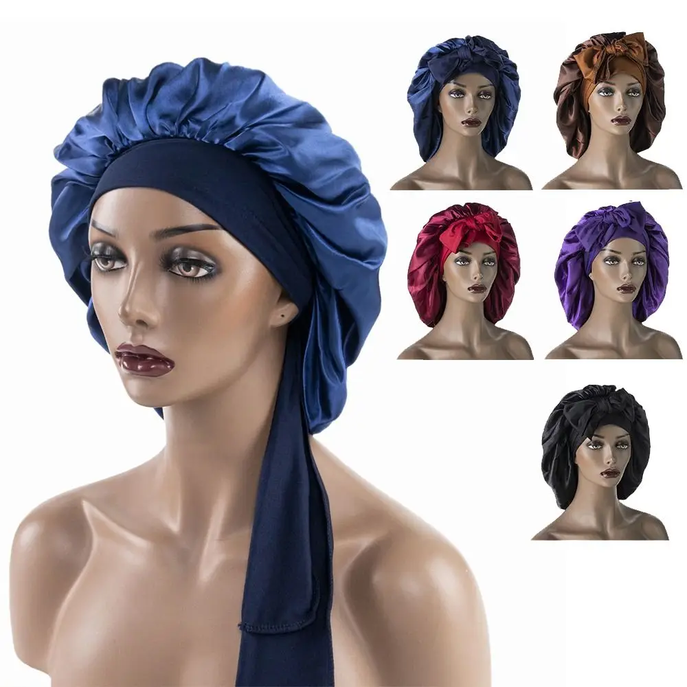 New Solid color Large Satin Bonnet Edge Wrap Hair Care Sleep Hat With Head Tie Band Beanie for Women Head Wrap Scarf