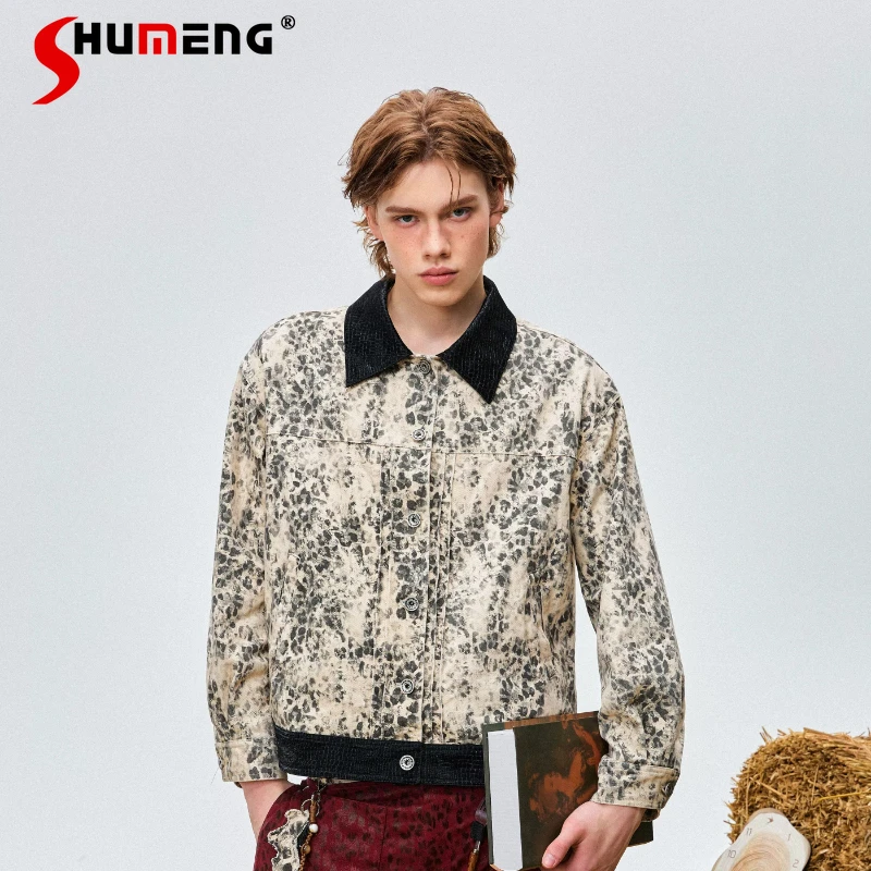 

Men's 2026 Spring New Chic Leopard Print Splicing Faux Leather Collar Denim Jackets Lapel Long Sleeve Coats Single Breasted Tops
