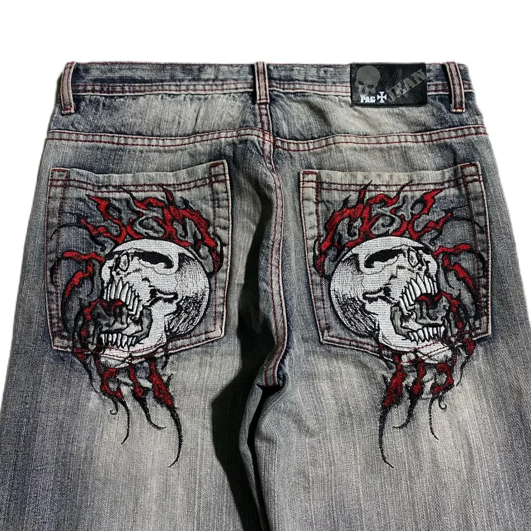 Streetwear New Skull Embroidered Baggy Jeans Y2K Gothic Trend Mens Casual Street Hip Hop High Waist Wide Leg Straight Leg Pants