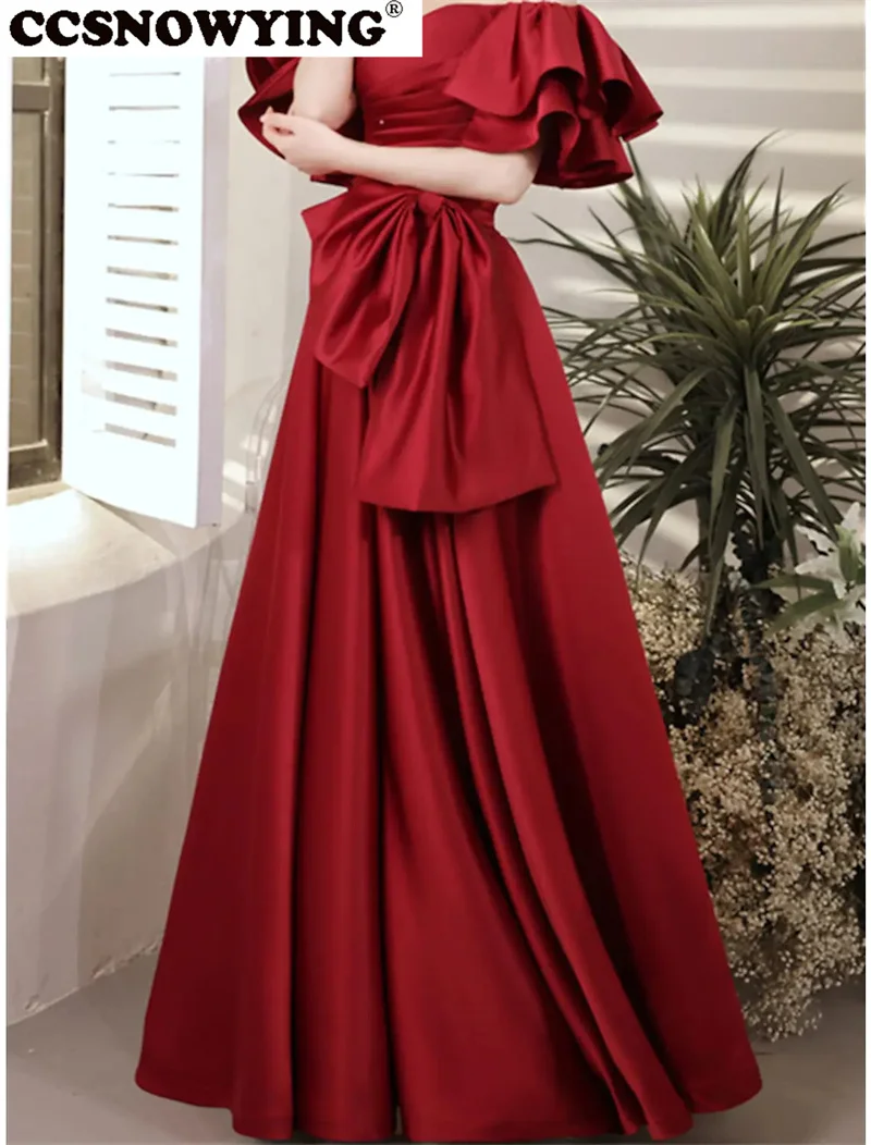 

Burgundy Satin Pearls Evening Dresses Off Shoulder Women Prom Formal Party Gowns Robe De Soiree