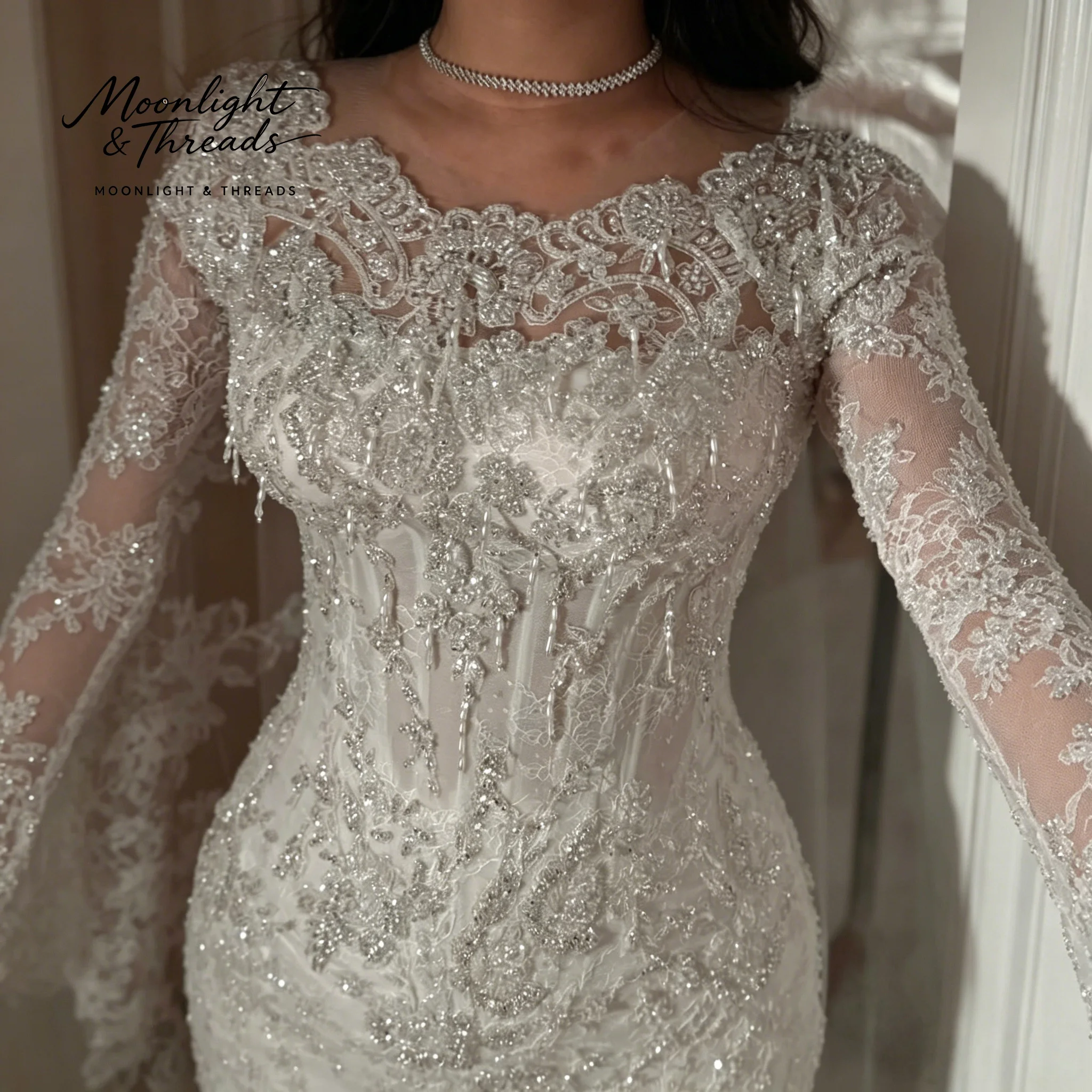 Silver Long-Sleeve Round-Neck Mermaid Wedding Dress with Long Train Beaded Exquisite Fit And Flare Gown