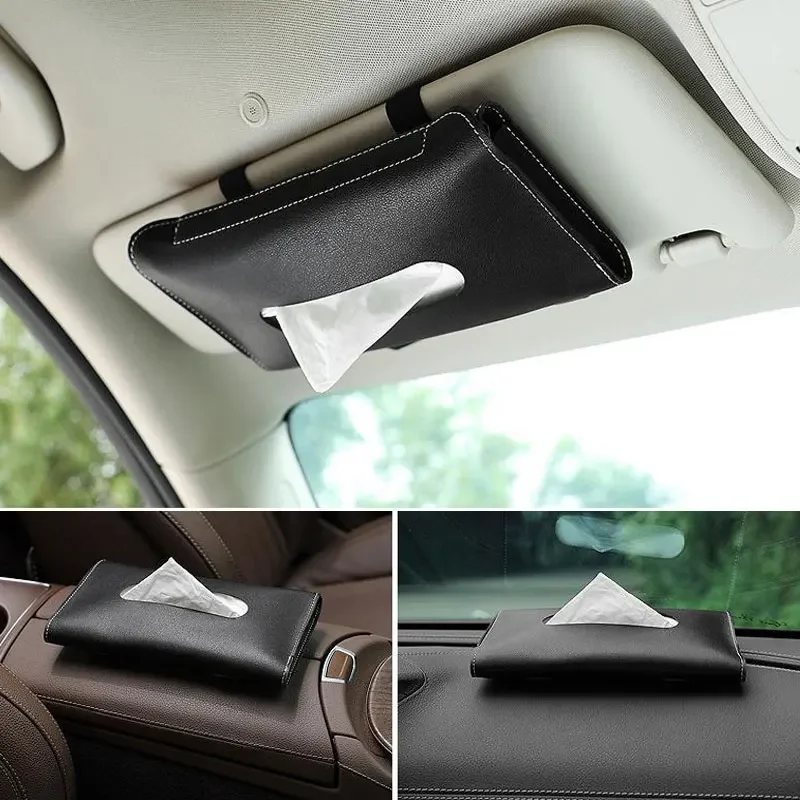 

PU Leather Car Tissue Box Car Center Console Armrest Napkin Box Sun Visor Backseat Tissue Case Fix Strap Interior Accessories