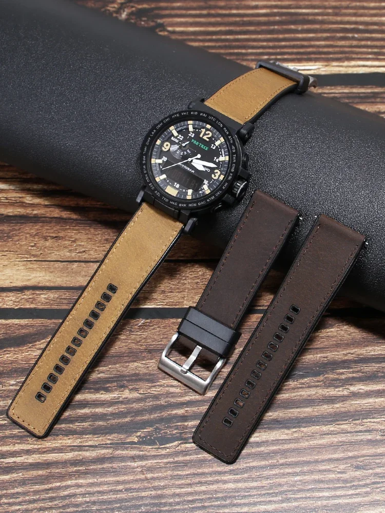 Suitable for S-eiko L-ongines Oris P-anerai Dituo H-uawei GT Dark Brown Crazy Horse Leather Leather Silicone Watch Strap