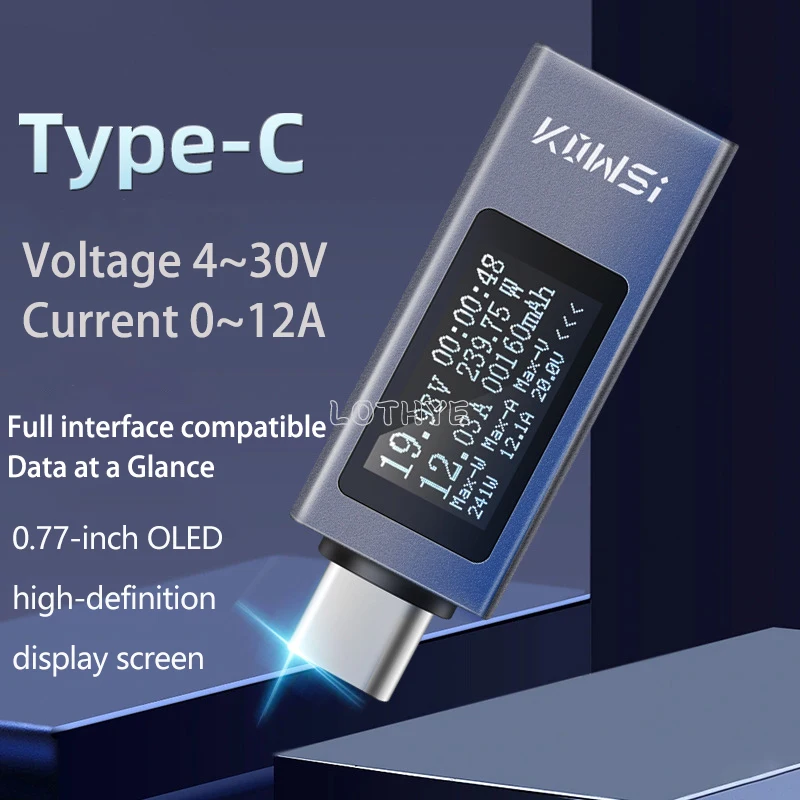 Type-C Multi-function Digital Display DC Voltage Ammeter Power Meter DC 4-30V 12A Voltmeter Ammeter Charger Capacity Tester