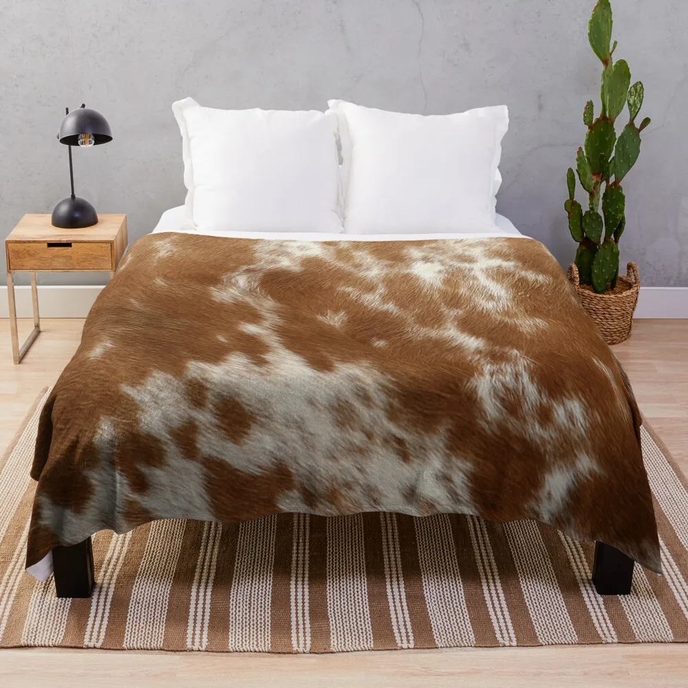 

Brown Cowhide, Cow Skin Print Pattern, Modern Cowhide Faux Leather Throw Blanket Reusable Durable Soft Blanket for All Seasons