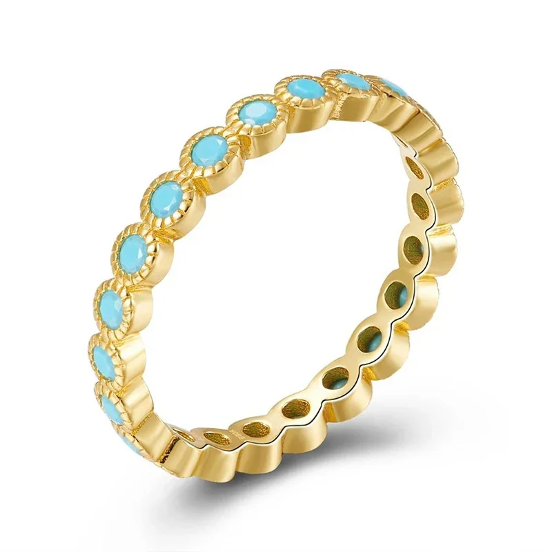 YUXINTOME 24k Gold-Plated Silver Exquisite Circle Pave Blue Turquoise Charm Shiny Gold Color Ring For Women Trendy Fine Jewelry