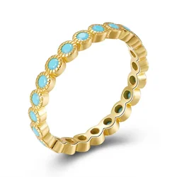 YUXINTOME 24k Gold-Plated Silver Exquisite Circle Pave Blue Turquoise Charm Shiny Gold Color Ring For Women Trendy Fine Jewelry