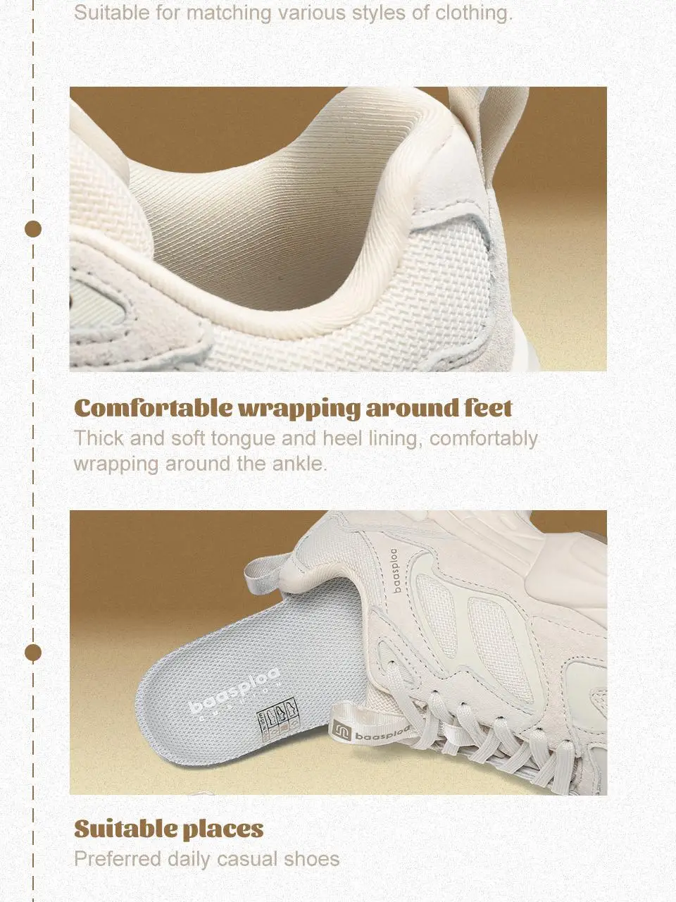 Baasploa Damen Casual Sneakers Komfort Leder Wanderschuhe für Damen Einfarbig Mode Sportschuhe Rutschfeste Höhenerhöhung – Detail 6