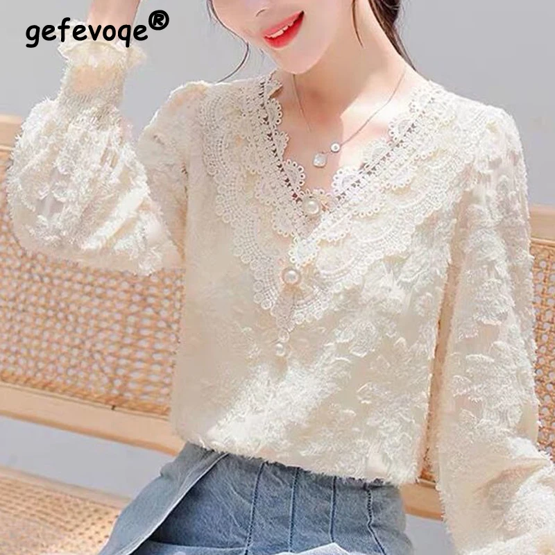 

2023 Autumn Winter Women Lace Beaded Chic Sweet Fairy Blouses Fashion Elegant Solid Plush Shirts Female V Neck Long Sleeve Tops