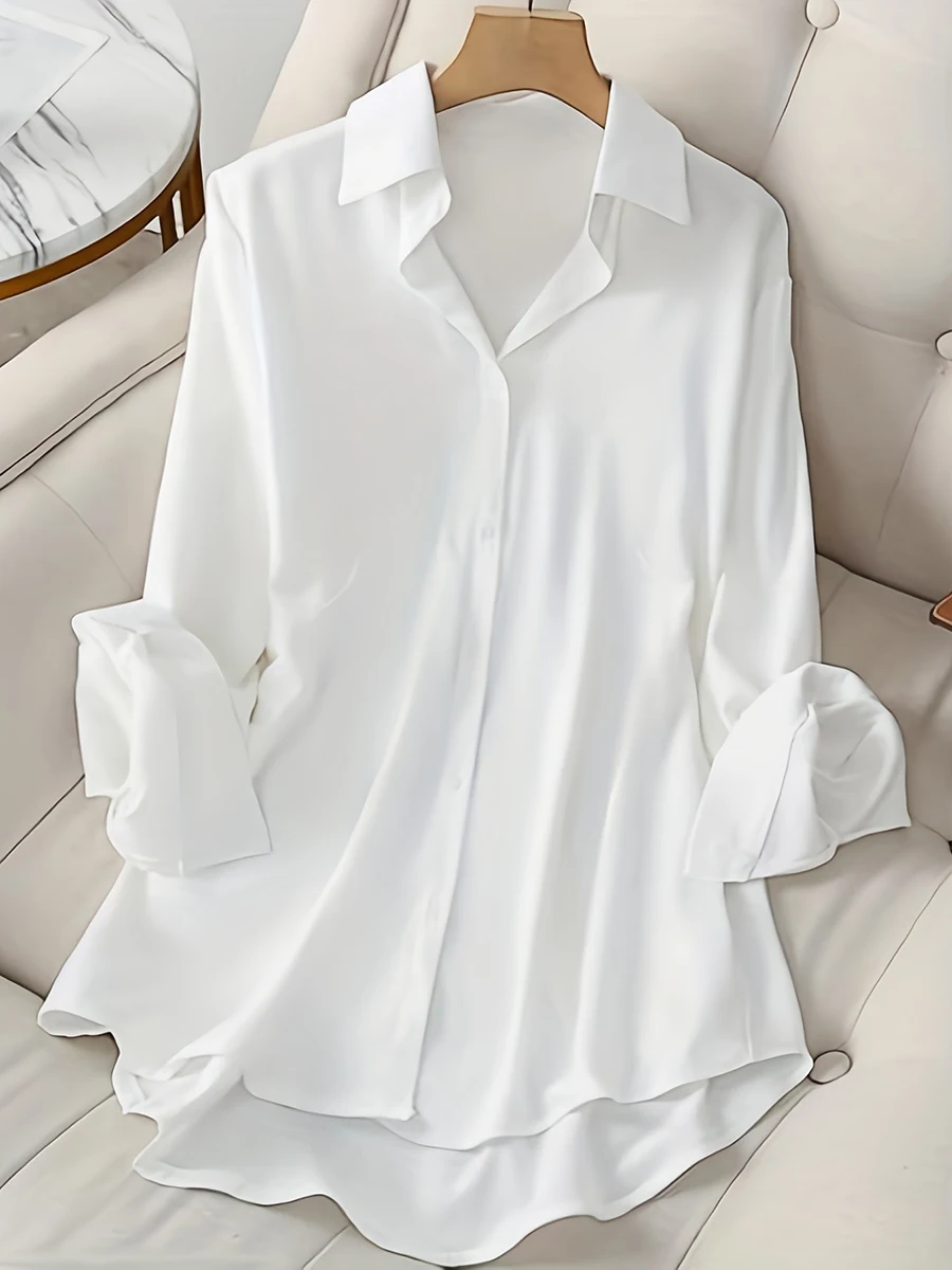 Oversized Women White Solid Long Sleeve Shirts Plus Size Elegant Office Lady Blouses Casual Loose Button Up Tops Spring Fashion
