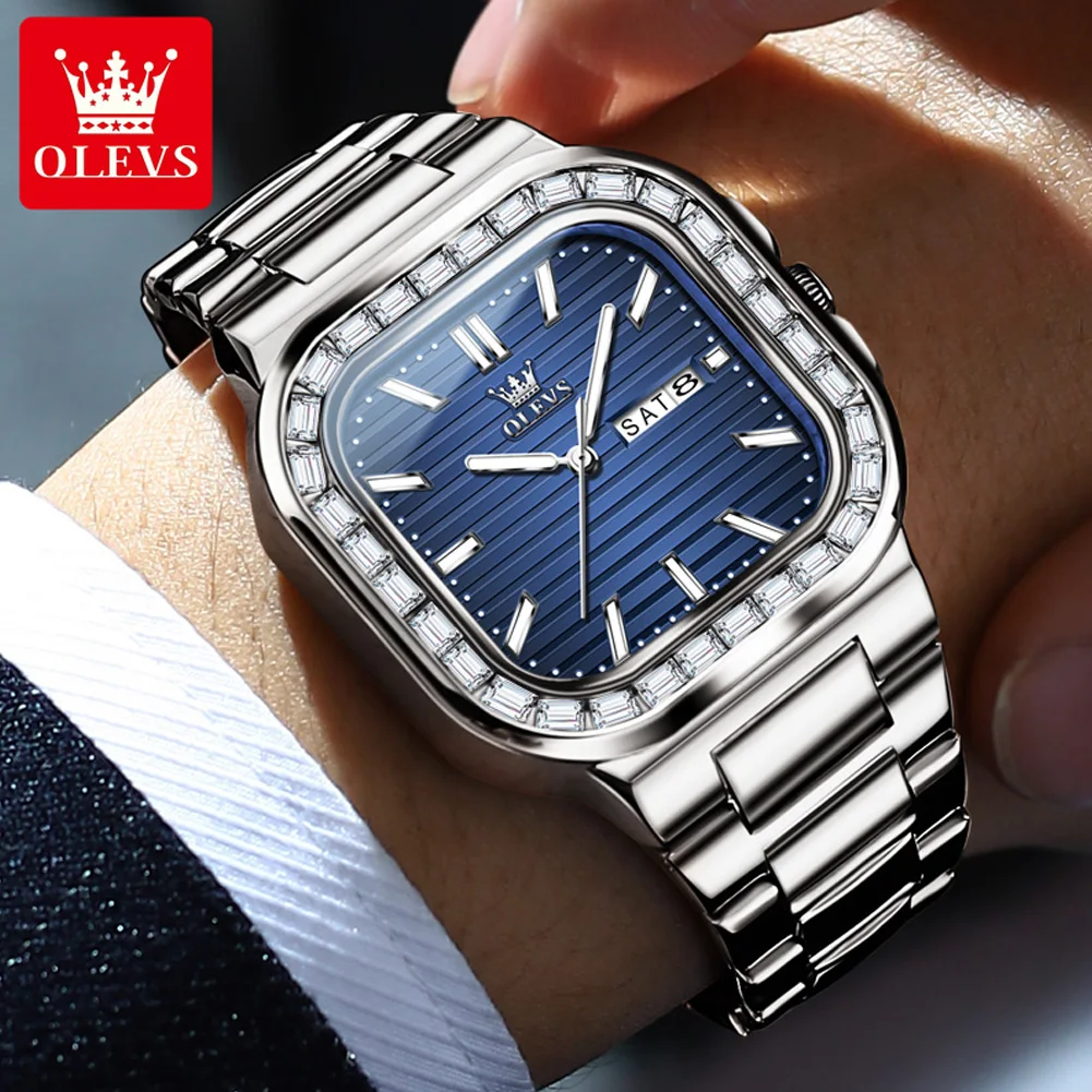 

OLEVS 9966 Мужские часы Кварцевые часы Многофункциональные квадратные часы для мужчин 30 м Водонепроницаемые светящиеся коробки с фазой Луны Оригинал