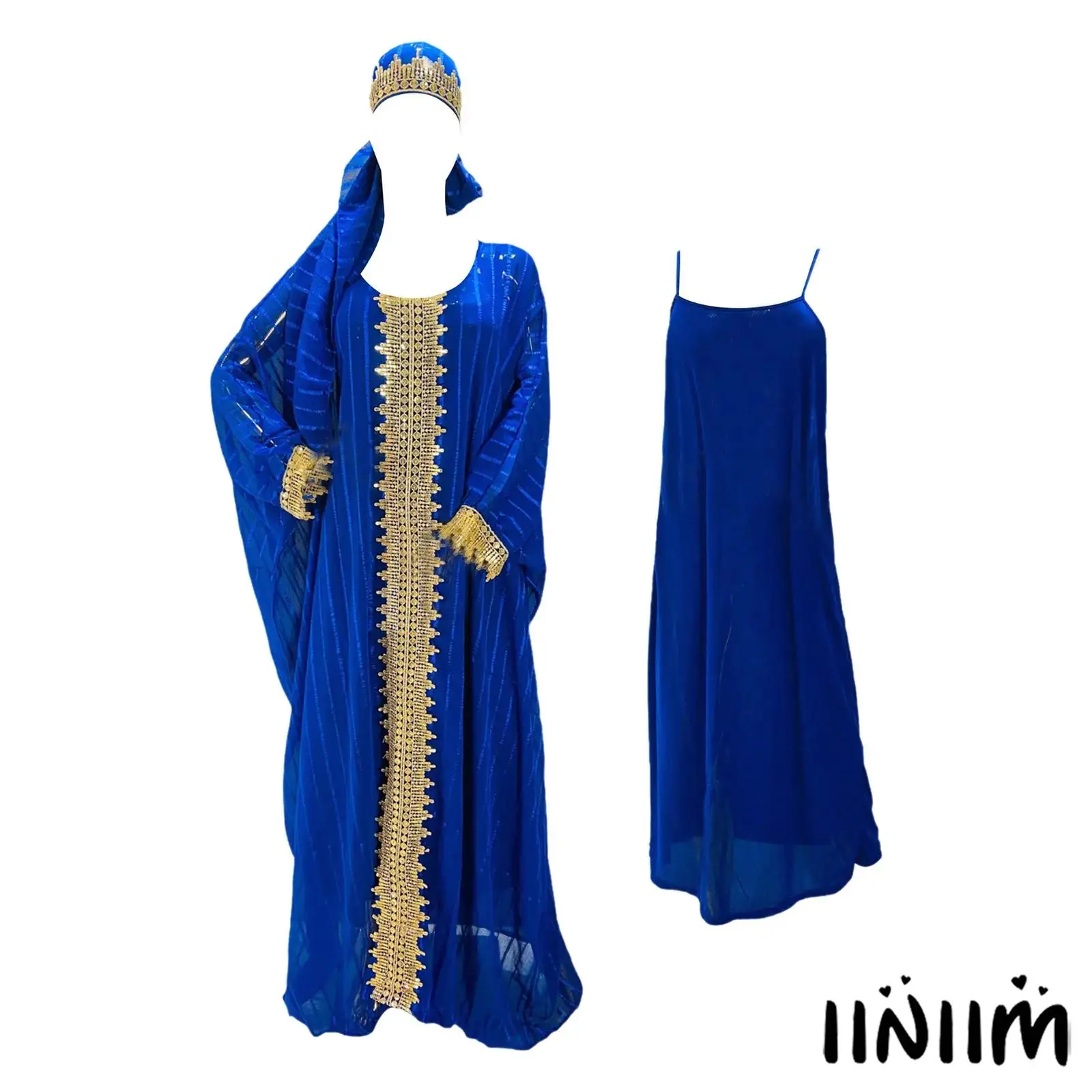 

Women Muslim Islamic Abaya Set Baselayer Sling Dress Gold Trim Long Sleeve Kaftan Robe with Hijab for Arabian Robe Outfit