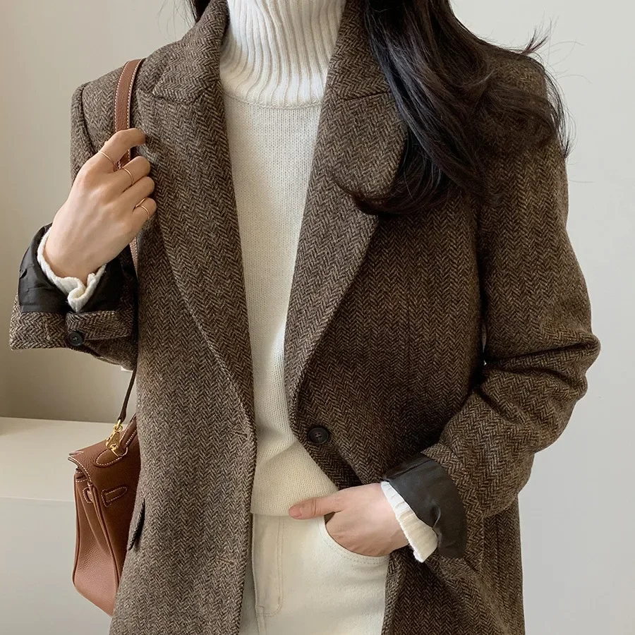 Blazer coreano para mujer, chaquetas con cuello vuelto, abrigos de empalme, chaqueta gruesa con botones de cintura alta, Blazers elegantes para Otoño e Invierno 2025