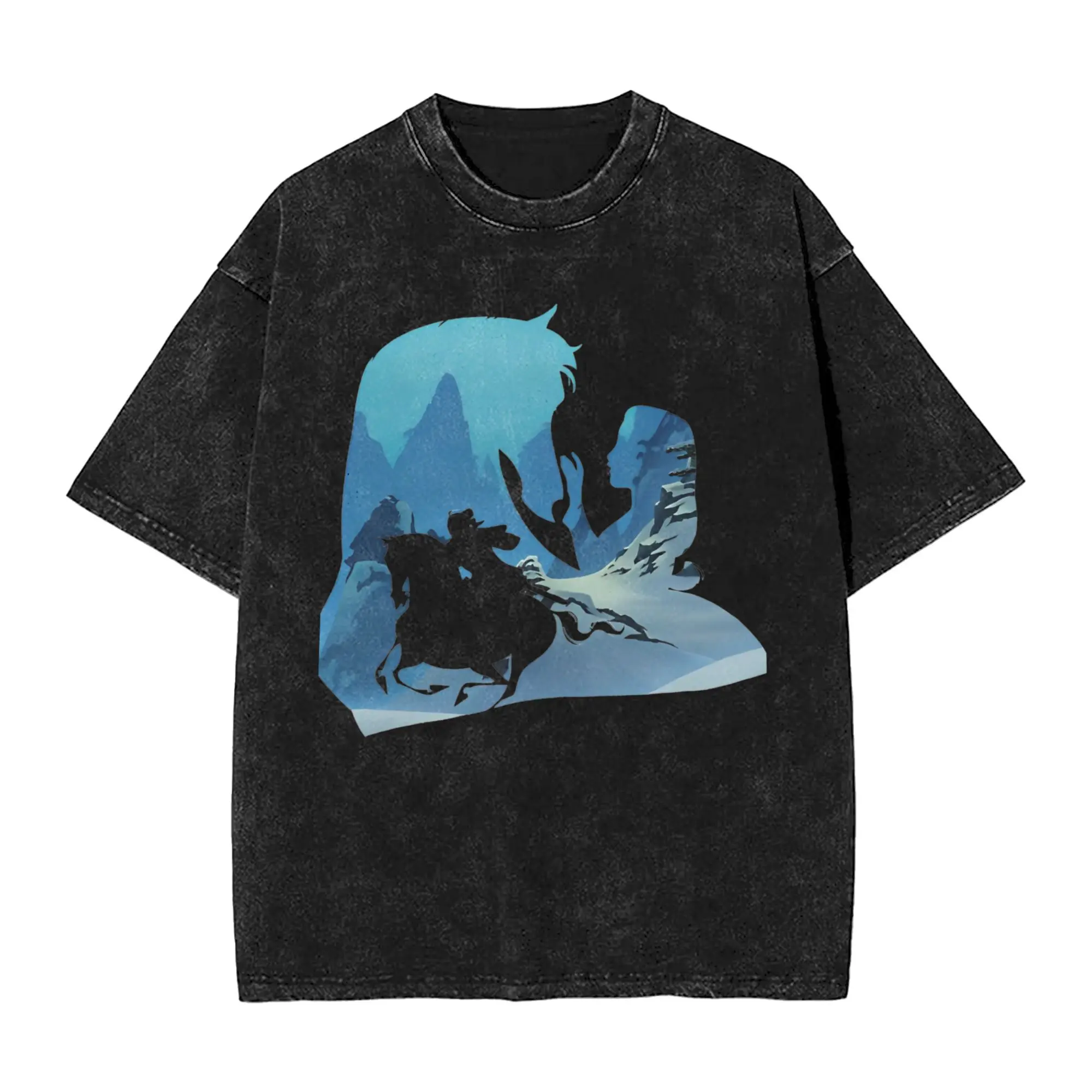 

Men T Shirt Mulan and Khan Cartoon Washed T Shirts Novelty Summer Tee Shirt Vintage Printed Casual Clothing Gift Idea