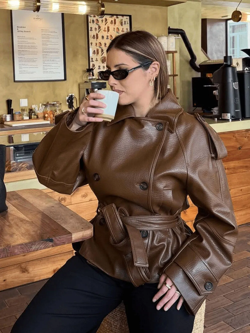 New Brown Women PU Leather Jacket Short Classic Design Stand Collar Top Windproof Warm Coat Daily Commute Casual Style Outerwear