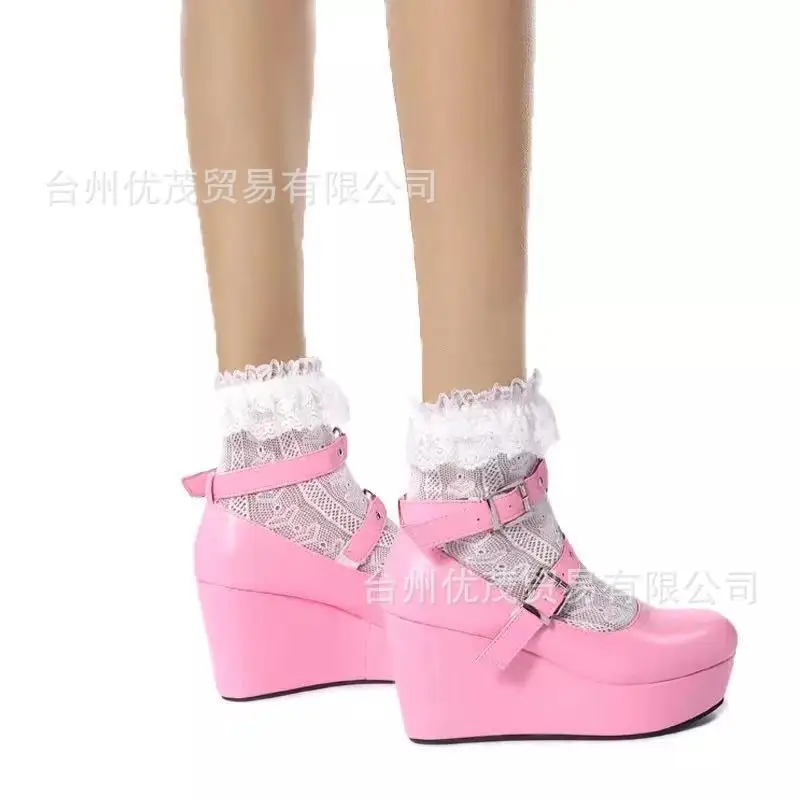 Sweet Lolita Style Gothic Cosplay Black Pink Cozy Wedges Mary Jane High Heels Pumps Platform Shoes Woman