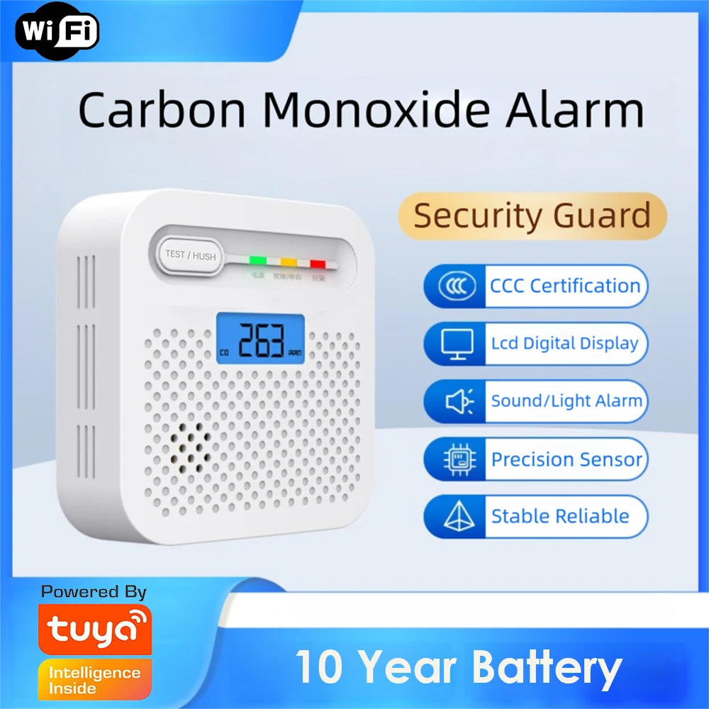 Tuya Smart WiFi CO Detector LCD Digital Carbon Monoxide Alarm Monitor App Real-time Alert 85dB Siren Home Security System
