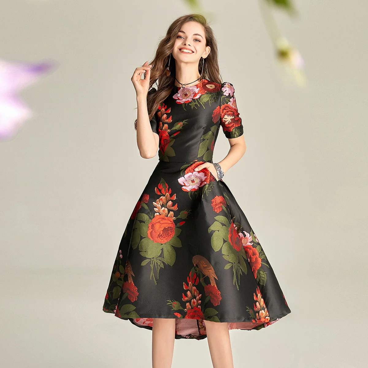 DEVCHATA Kwaliteit Luxe Brokaat Vrouwen Korte Mouwen Mode Zwaluwstaart Jurk Meisje Party Bloemen Elegante Prom Kleding