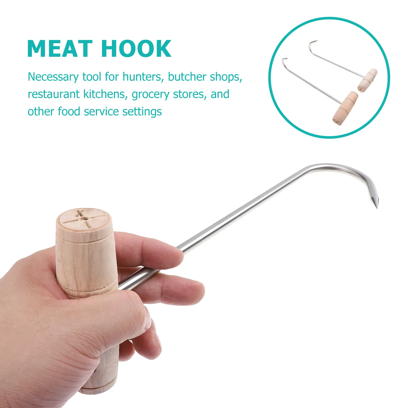 2 قطعة خطافات اللحوم على شكل حرف T من الفولاذ المقاوم للصدأ مقبض خشبي معالجة الجزار أداة معلقة تحمل لـ