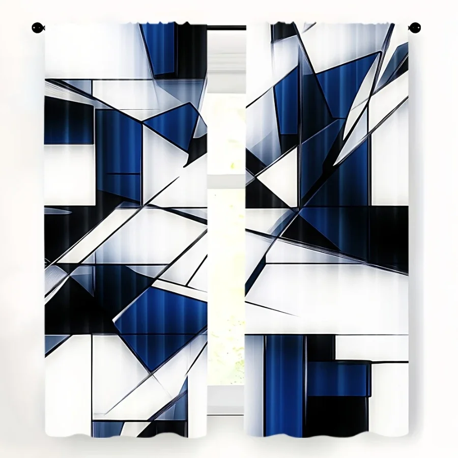 Modern Abstract Blue Geometric Pattern Curtains for Living Room Home Decor Semi-Sheer Window Drapes