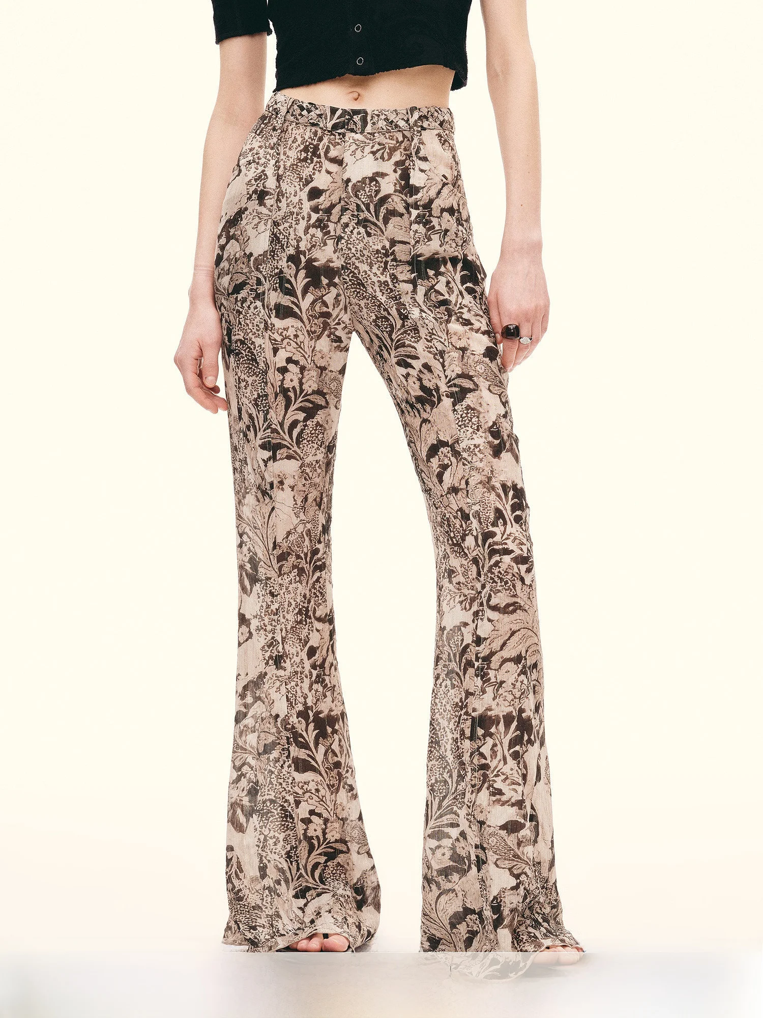 

Zhen Fu Rose Patterned Silk Blend Pleated Casual Pants Women's Loose Fit Low Waist Bell Bottoms Comfortable Breathable