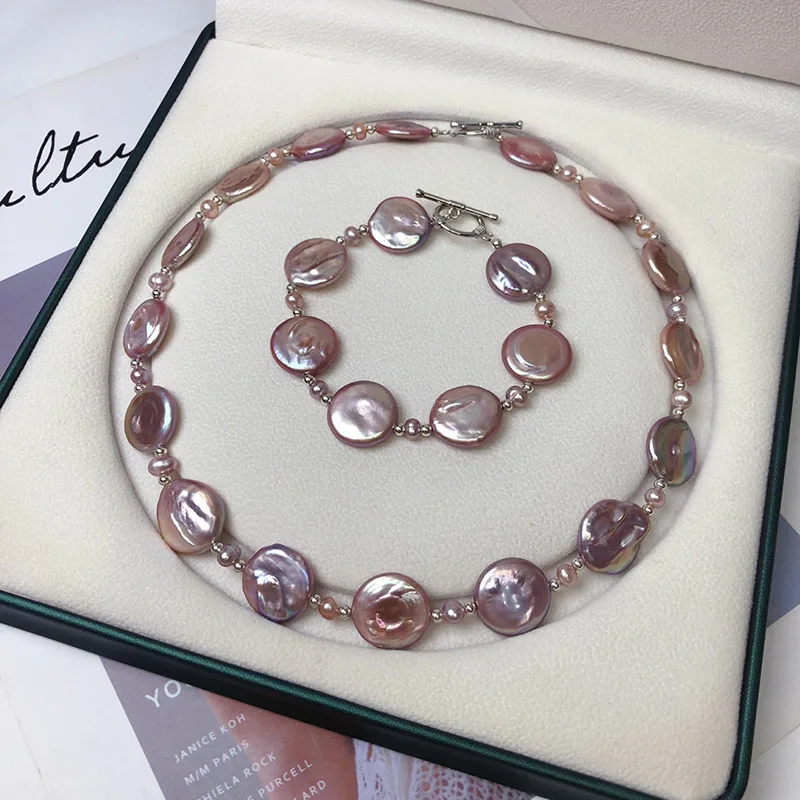 Set freshwater pearl pink purple rectangle flat oval coin necklace bracelet earring Ring