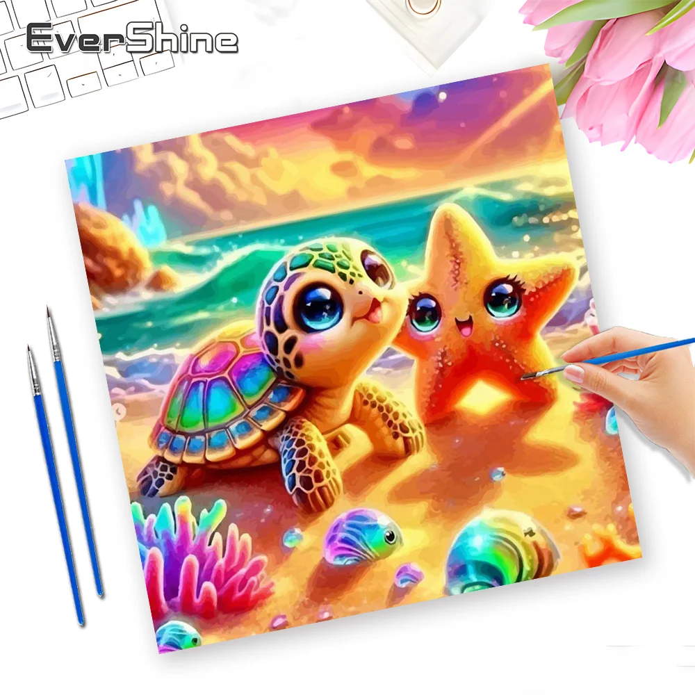 Evershine DIY Oil Painting By Numbers Sea Turtle Animal Professional Art Use Pictures Starfish Pattern For Adults Handmade Hobby