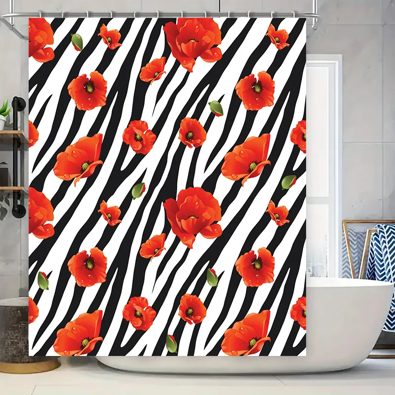 Black White Zebra Stripe Shower Curtain with Poppy Flowers 3D Printed Waterproof Fabric for Home Decor in Bathroom Accessories