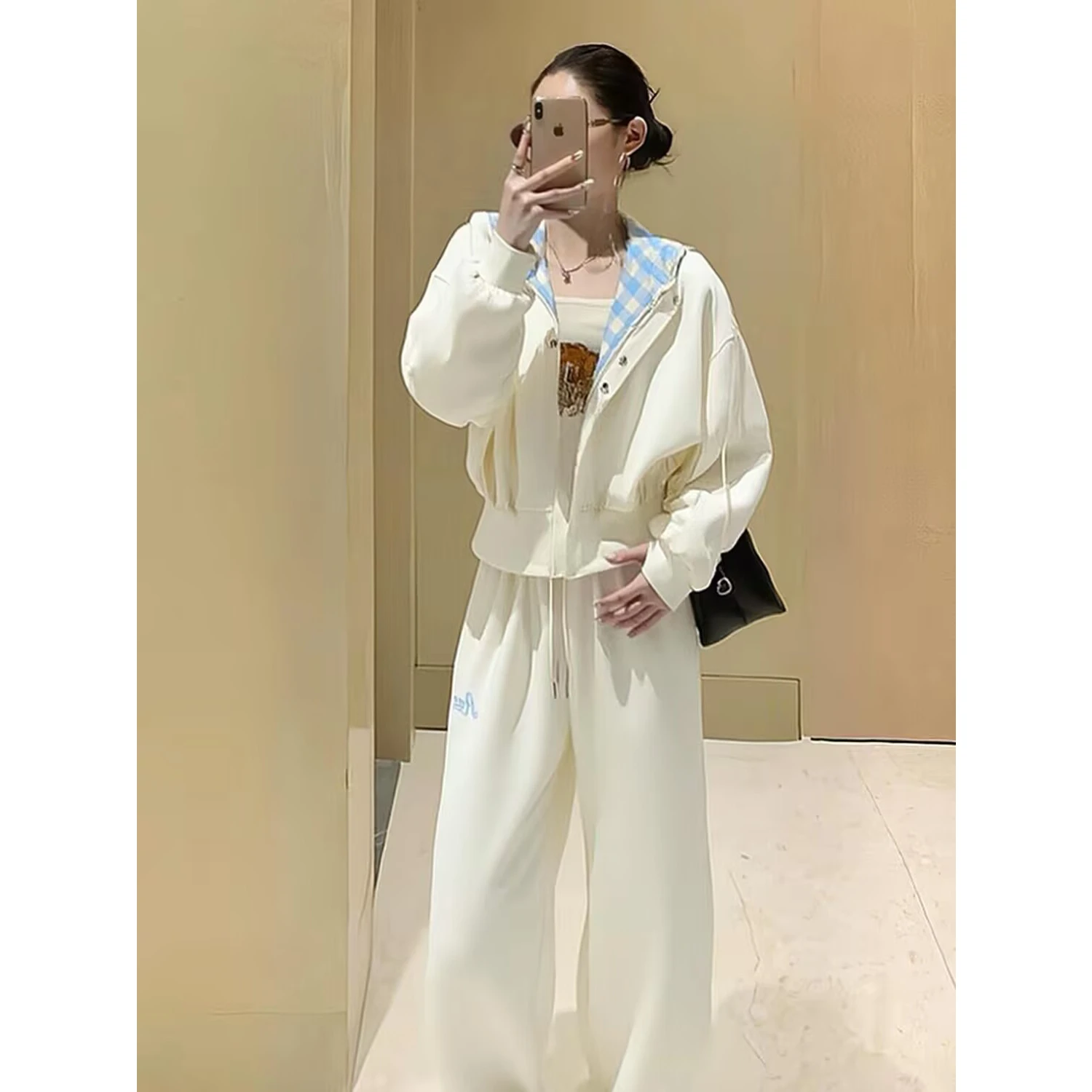 Women's Casual Sportswear Set Loose Fit Hoodie And Pants Diagonal Pattern Cotton Simulation Spring Autumn Two-Piece Suit