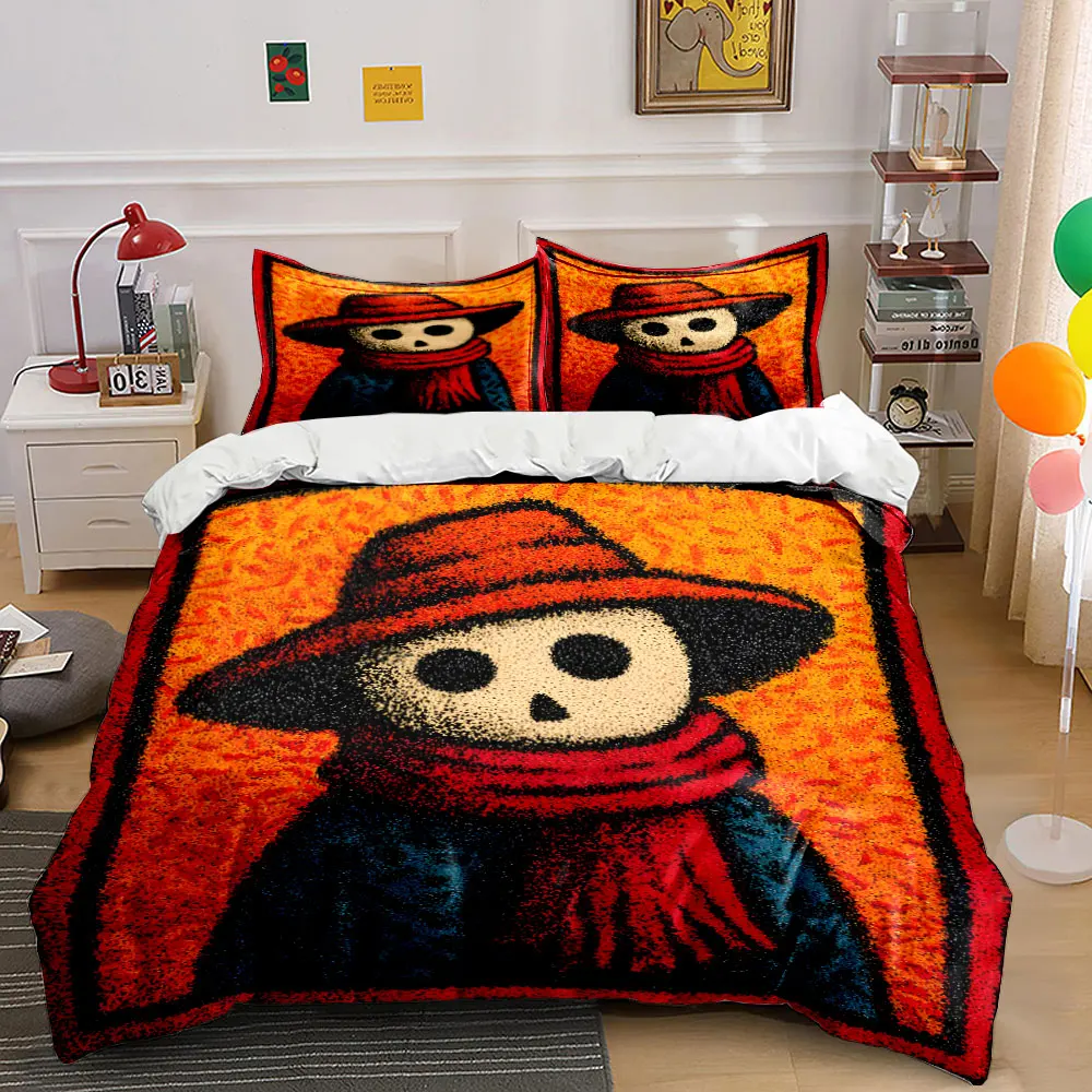 

Skull figure in red hat and scarf Printed Duvet Cover Set 1 Duvet Cover+2 Pillowcase Multi Size Bedroom Bedding Decor