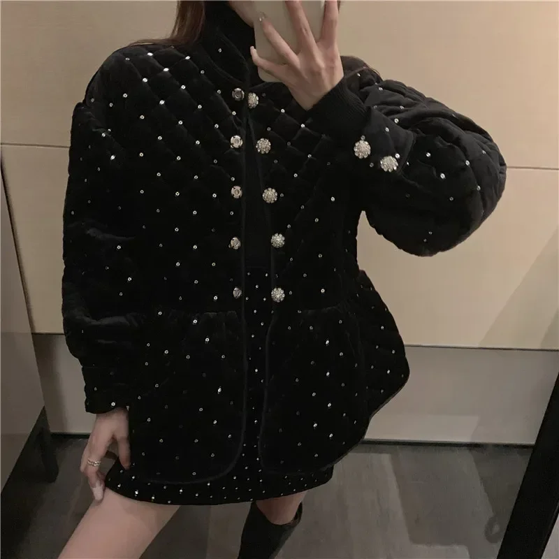 Vintage All Black 2 Piece Suit New Fall Winter Celebrity Lady Blingbling sequins Coat Parkas&Diamonds Mini Skirt Velvet 2pc Sets